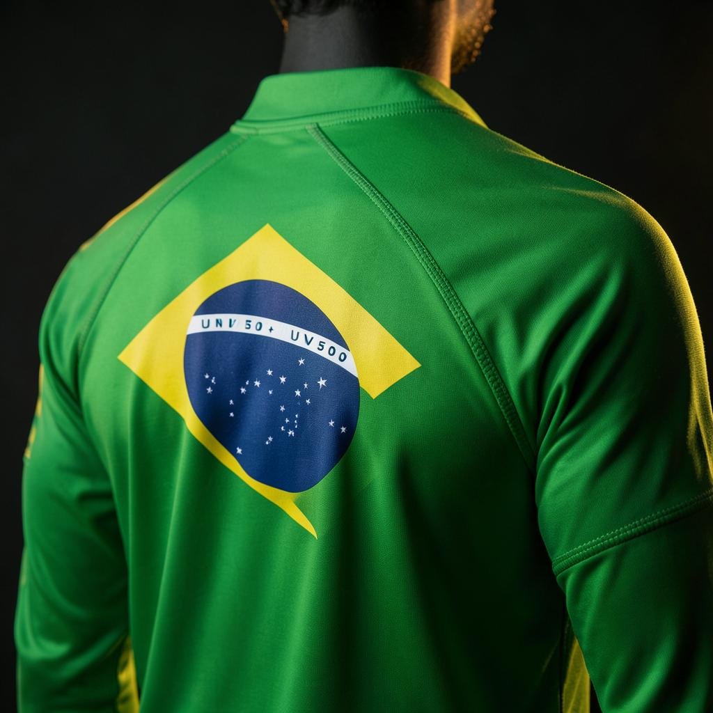 Detalhe das costas da Camisa Sou Patriota com bandeira do Brasil